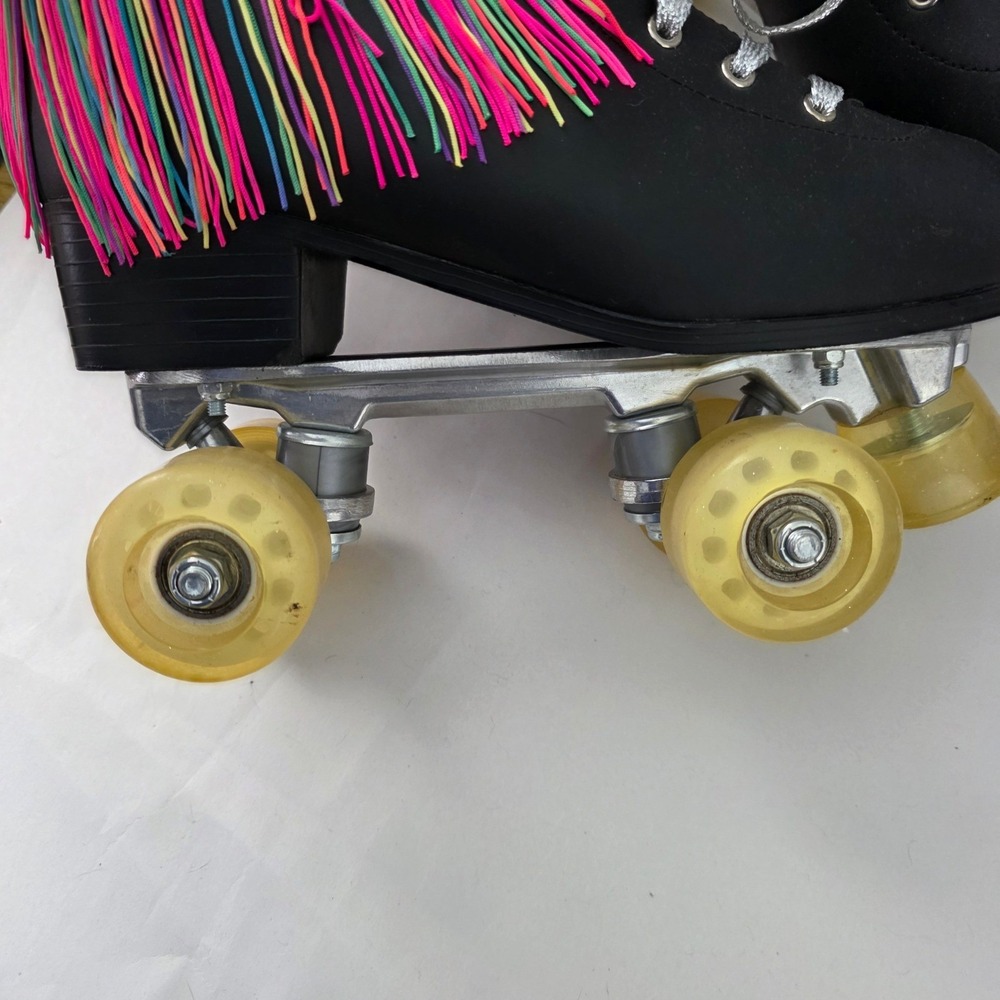 Doll Kills Black Quad Roller Skates Neon Rainbow Fringe Silver Laces  Sz 8 - Picture 9 of 14